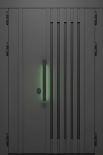 Полуторная стальная дверь с рейками, бугельной ручкой с подсветкой и темно-серыми панелями МДФ RAL 7016