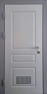 Металлическая дверь с вентиляцией, серыми панелями МДФ (для котельной)